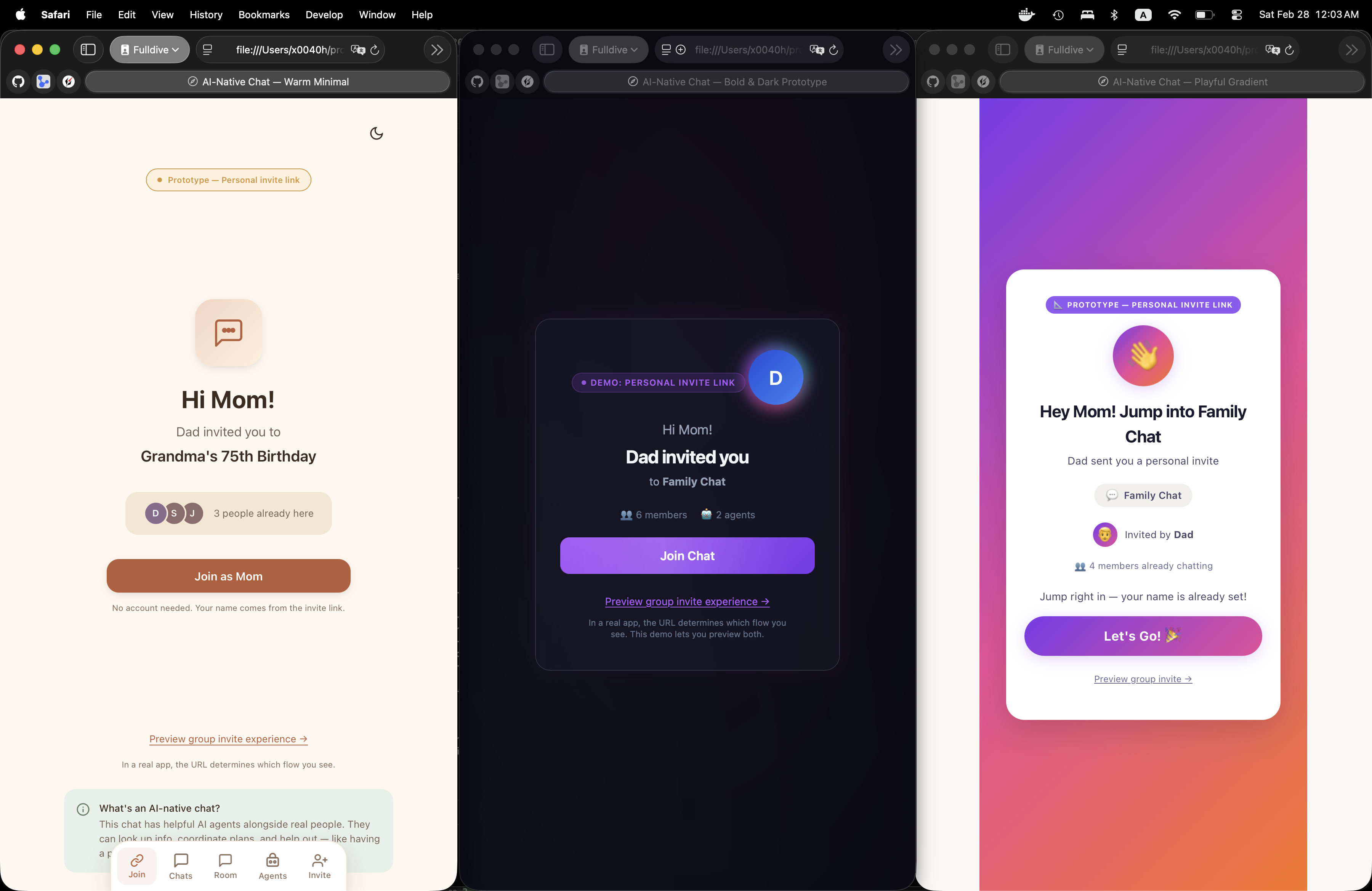 Join flow - light mode showing all three prototypes side by side