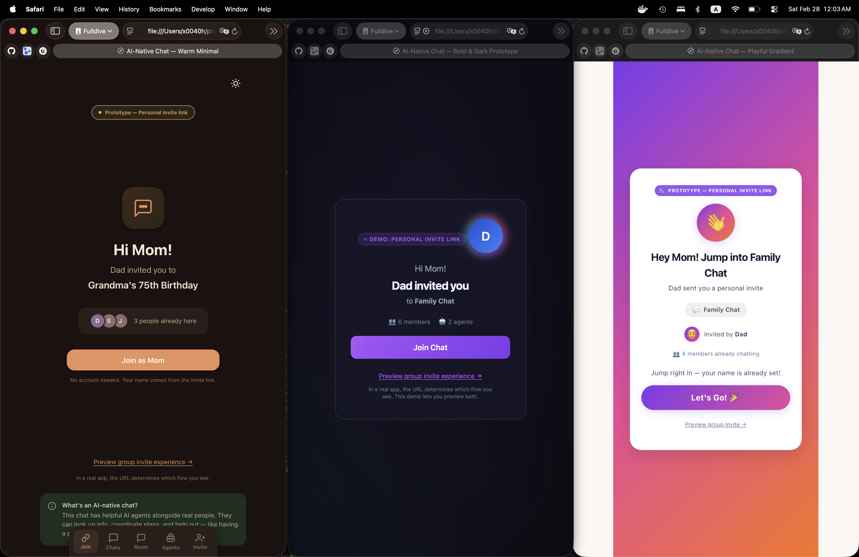 Join flow - dark mode showing all three prototypes