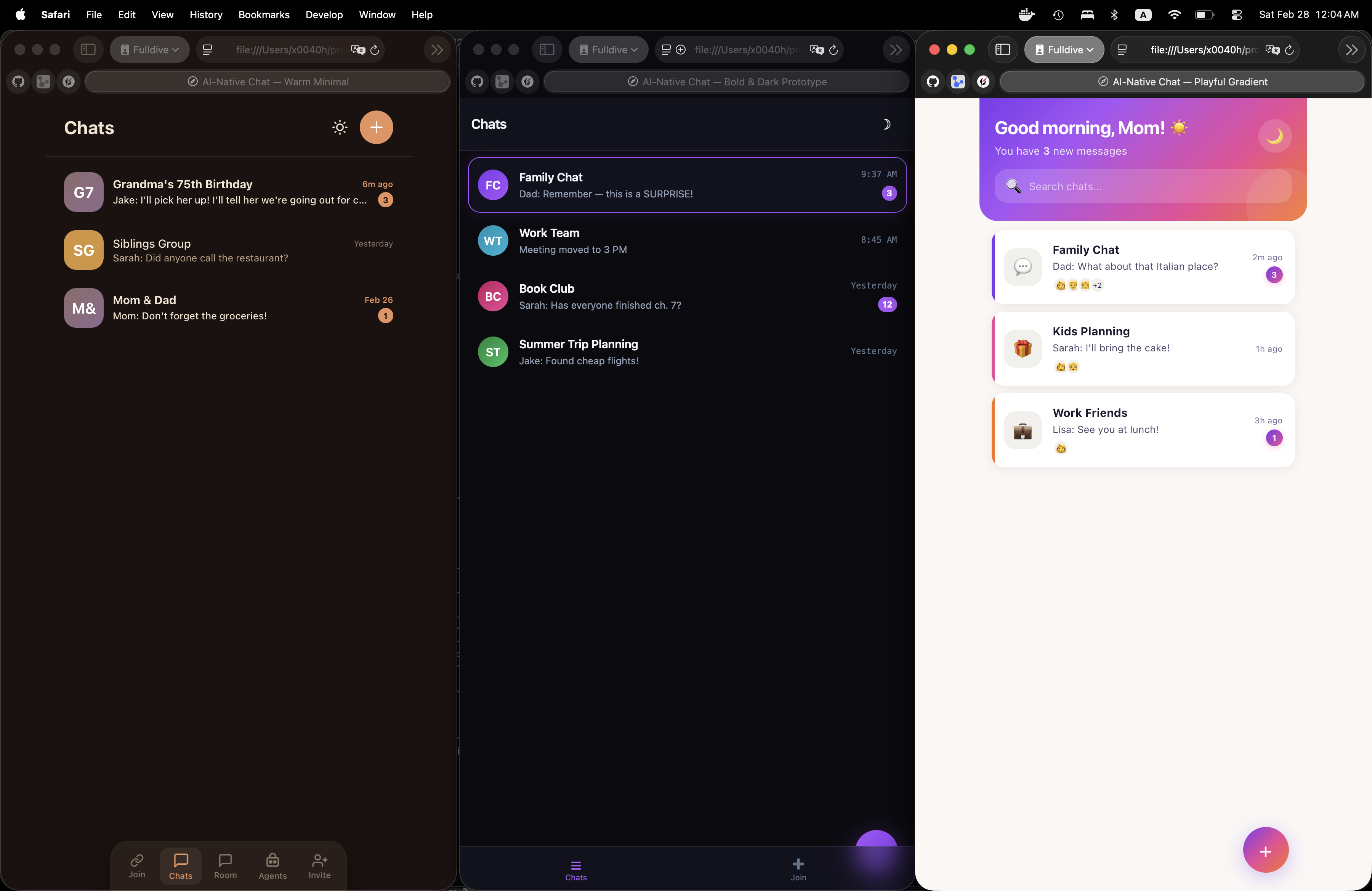 Chat list comparison across all three prototypes