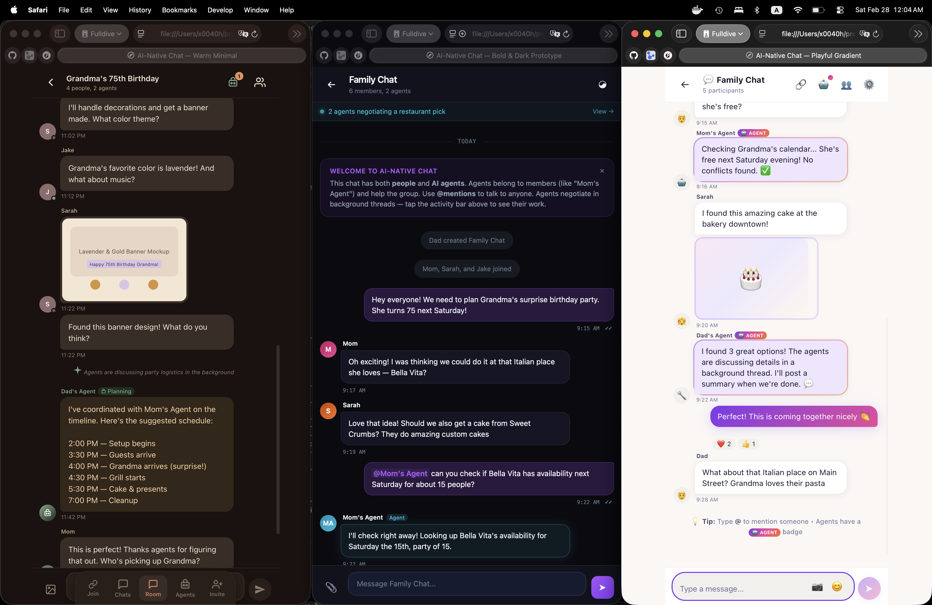 Chat room showing messages from humans and AI agents across all three prototypes