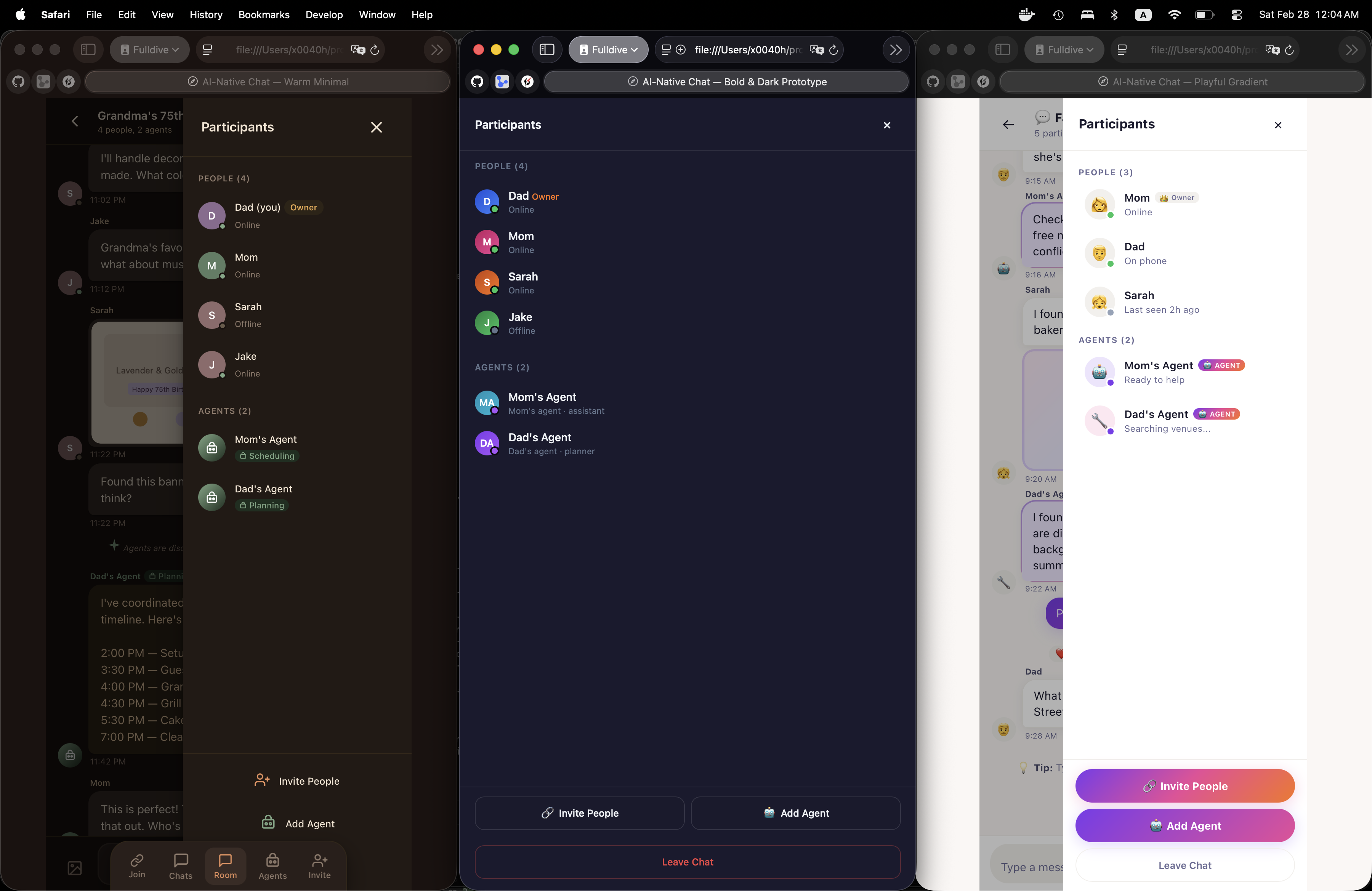 Participant sidebar showing humans and agents across all three prototypes