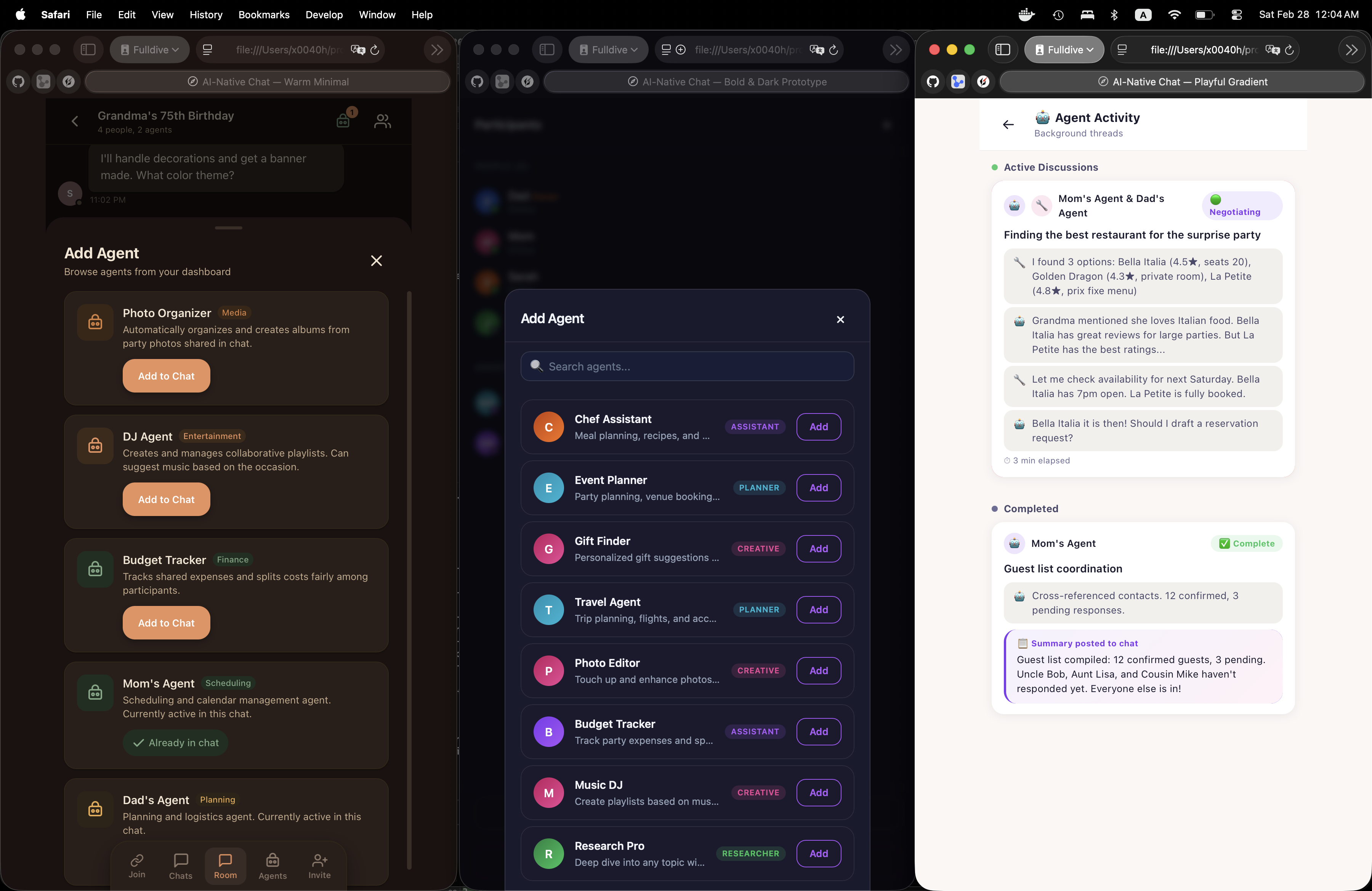 Agent Activity screen and Add Agent modal across all three prototypes